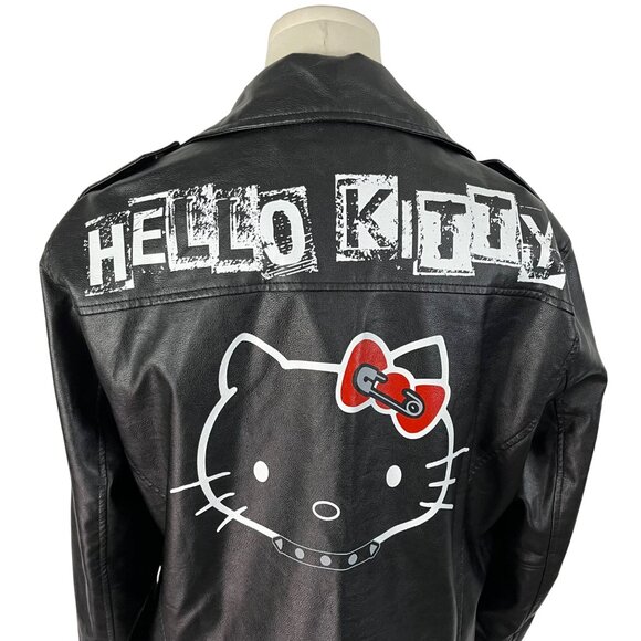 Hello Kitty Black Faux Leather Biker Jacket With Graphic Print & Belt Sz S - Picture 4 of 12